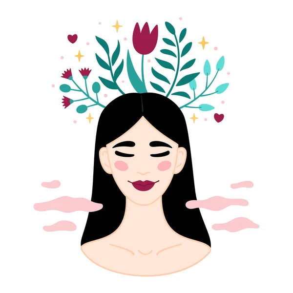 Mental Health Concept Smiling Asian Woman Accepts Loves Herself Girl — Stock Vector