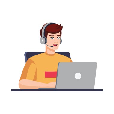 Bilgisayarı, kulaklığı ve mikrofonu olan bir adam. Destek, yardım, çağrı merkezi kavramları. Çağrı merkezi operatörü, programcı, oyuncu. Düz biçimli vektör illüstrasyonu