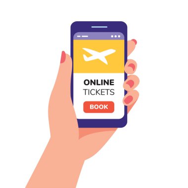 Online bilet rezervasyonu. Online bilet uygulamalı Smartphone kadının elinde. Cep telefonu kavramı için çevrimiçi rezervasyon uygulaması.