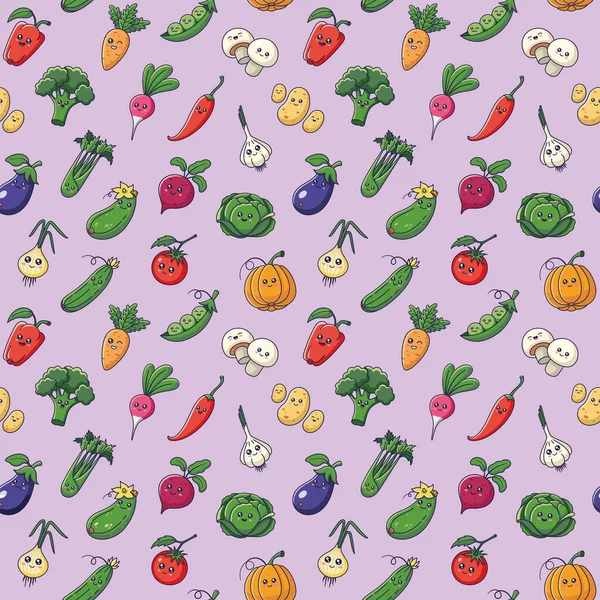 Gemüse Nahtloses Muster Mit Kawaii Zeichen Auf Fliederfarbenem Hintergrund Perfekt — Stockvektor