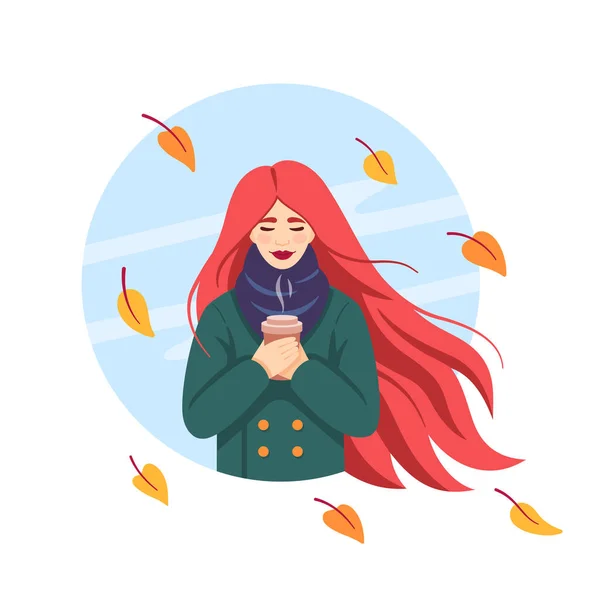 Redheaded Woman Paper Cup Coffee Autumn Leaves Fall Vibes Autumn — Stock Vector