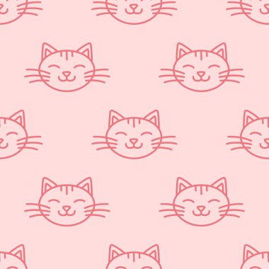 Kedi ağızlığı. Kedi karakteri bebek kıyafetleri tasarlamak için karalama tarzında. Çizgi film kedisiyle el çizimi kusursuz desen. Bohem çocuk odası baskısı. Çocuklar pijama için doku dizayn ederler. Vektör illüstrasyonu