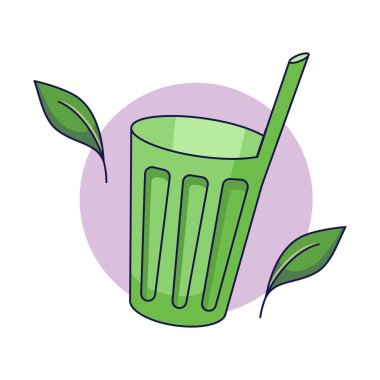 Pipetle yeniden kullanılabilir kupa. Sürdürülebilir yaşam tarzı, sıfır atık, ekolojik konsept. Çizgi film tarzında vektör illüstrasyonu. Geri dönüşüm, atık yönetimi, ekoloji, sürdürülebilirlik.