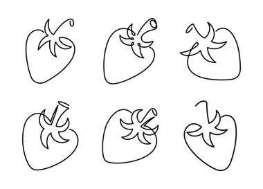 Çilek ikonları hazır. Bir sıra sanat tarzı çilek. Minimalizm tasarımında soyut yaratıcı gıda illüstrasyonu. El çizimi vektör çizimi. Çizgi karalama çizimi