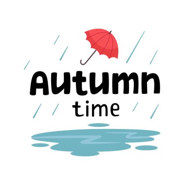 Merhaba sonbahar samimi kartpostalı. Sonbahar dönemi el yazısı yağmur, şemsiye ve su birikintileriyle yazılmış. Çizim el çizimi, düz tasarım, karalama tarzı.