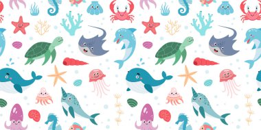 El çizimi okyanus canlıları kusursuz desen. Çizgi film hayvanları. Tasarım için vektör karalama tarzı deniz hayvanları. Beyaz arkaplanda vektör çizimi izole edildi. Deniz yaşamı kalıbı.