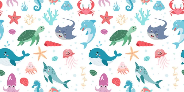 Dibujado Mano Criaturas Del Océano Patrón Sin Costuras Dibujos Animados — Archivo Imágenes Vectoriales