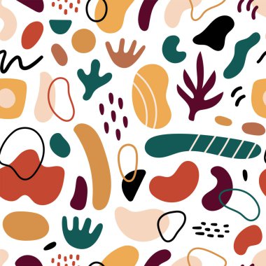 Soyut geometrik şekiller kusursuz desenler. Vektör El çeşitli şekiller ve karalama nesneleri çizdi. Soyut modern tarz modeli. Renkli bir illüstrasyon. Damga dokusu.