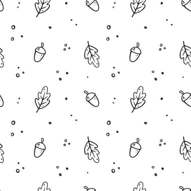 El yapımı meşe palamudu ve meşe yaprakları. Sonbahar pürüzsüz desen. Doodle tarzında vektör çiçeği çizimi. Güz ormanı beyaz arka planda izole edilmiş. Düz tasarım, çizgi sanatı.