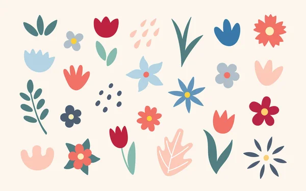 花和叶子的物体和形状 简单的抽象手绘了各种形状和涂鸦 现代流行元素 矢量植物学说明 — 图库矢量图片