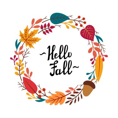 Sonbahar dekoratif yuvarlak çerçeve, sonbahar elementleriyle şablon - yapraklar, dallar, palamut, böğürtlen ve harf Hello düşüşü. Doodle tarzında vektör el çizimi.