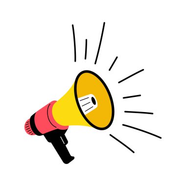 Hoparlörde mesaj var. Özel fiyat tabelası. Reklam indirimleri sembolü. İndirimli megafon mesajı. El çizimi Vektör illüstrasyonu, karalama biçimi.