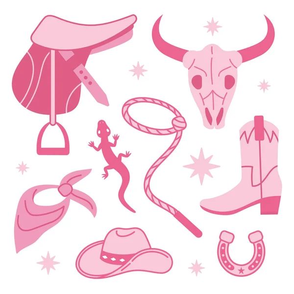 Kovboy Pembe temel moda öğeleri koleksiyonu. Kovboy çizmeleri, şapka, at nalı, kaktüs ve at eyeri. Kovboy kovboy kovboy ve vahşi batı teması seti. El çizimi vektör çizimi. Doodle simgeleri