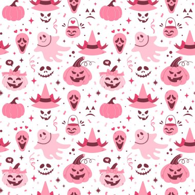 Pembe çekirdek Cadılar Bayramı kusursuz desen. Çizgi film pembe vektör dokusu. Balkabağı, ruh, şapka, balkabağı, fener, süpürge. Pembe kızlar gibi. Cadılar Bayramı illüstrasyonu.