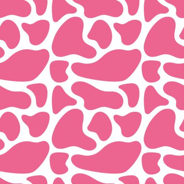 Pembe çekirdekli inek izi, kusursuz zürafa deseni. Vektör el çizimi karikatür çizimi. Karalama tarzında inek benekleri. Düz dizayn. Safari baskısı siyah beyaz renklerde..