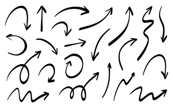 Eğri çizilmiş oklar yerleştirildi. Doodle tarzı. İşaretçi koleksiyonu. Çizim biçiminde vektör illüstrasyonu.