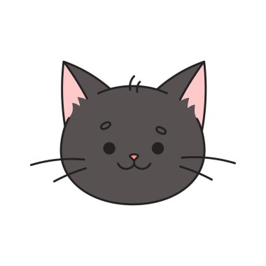 Sevimli, mutlu, siyah kedi kafası. Kawaii tarzında bir kedi. Çizgi film karakteri. Kedi suratı, ağızlık. Doodle tarzı. El çizimi karakter. Hayvan kafası illüstrasyonu. Vektör illüstrasyonu.