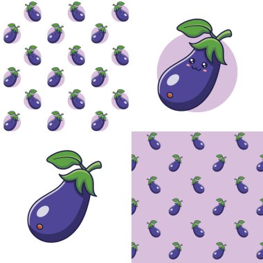 Tatlı Kawaii patlıcan desenleri seti. Sebze yassı ikonu. Çizgi film patlıcan desenli, karalama tarzı. Vektör el çizimi illüstrasyon. Çocuk kıyafetleri için desenler. Patlıcan desenleri koleksiyonu