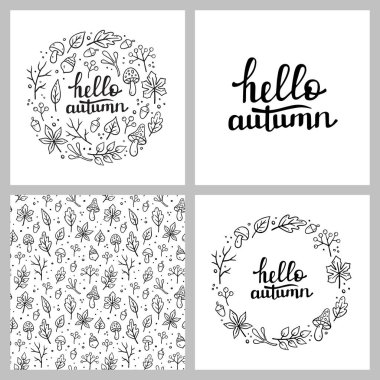 Sonbahar dikişsiz desen, Hello AUTUMN el yazması harfler, yuvarlak çerçeve. Sonbahar dekoratif yuvarlak tasarımı ve sonbahar elementleri. Doodle tarzında vektör illüstrasyonu. Sonbahar tasarımları.