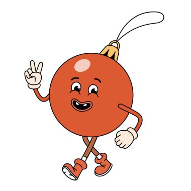 Harika bir Noel kırmızı topu. Eski moda çizgi film karakteri. Geleneksel Noel ağacı süsleme oyuncağı. Vektör illüstrasyonu beyazda izole edildi.