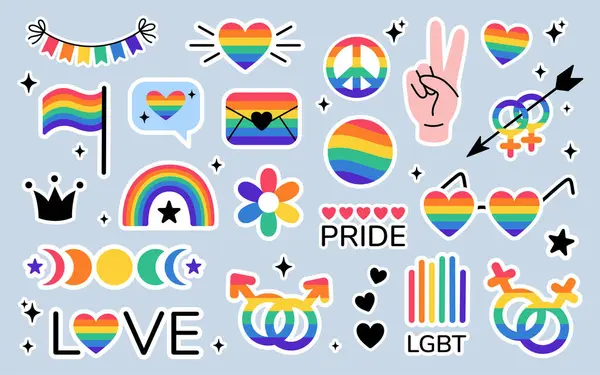LGBT çıkartma paketi karalama tarzında. LGBTQ seti. LGBT gurur topluluğu sembolleri. Gökkuşağı renkli elementler. Vektör illüstrasyonu.