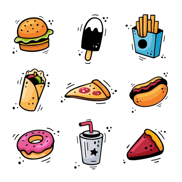 Fast food ikonları seti - burger, patates kızartması, kağıt bardakta içecek, dondurma, pizza, turta, sosisli, kebap, çörek. Atıştırmalık çizimi. Fast food karalaması. Fast food koleksiyonu. Renkli sokak yemekleri.