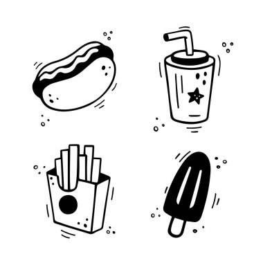 Fast food ikonları, sosisli sandviç, patates kızartması, içkili kağıt bardak, dondurma. El yapımı fast food karışımı. Çizgi roman çizim stili. Vektör illüstrasyonu