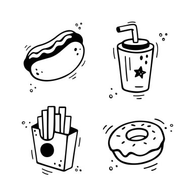 Fast food ikonları, sosisli sandviç, patates kızartması, kağıt bardakta içecek, turta, çörek. El yapımı fast food kombinasyonu. Çizgi roman çizim stili. Vektör illüstrasyonu