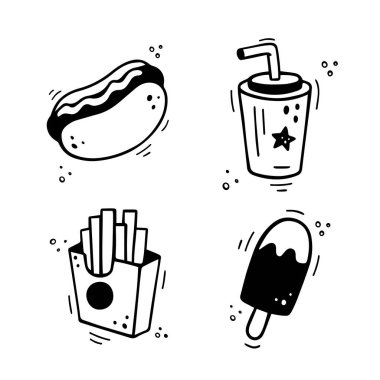 Fast food ikonları, sosisli sandviç, patates kızartması, içkili kağıt bardak, dondurma. El yapımı fast food karışımı. Çizgi roman çizim stili. Vektör illüstrasyonu