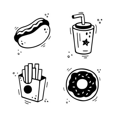 Fast food ikonları, sosisli sandviç, patates kızartması, kağıt bardakta içecek, turta, çörek. El yapımı fast food kombinasyonu. Çizgi roman çizim stili. Vektör illüstrasyonu