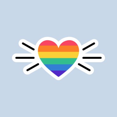 LGBT bayrağı taşıyan kalp. Gökkuşağı renkli kalp. LGBT çıkartması karalama tarzında. LGBTQ, LGBT gurur topluluğu sembolü. Vektör illüstrasyonu.