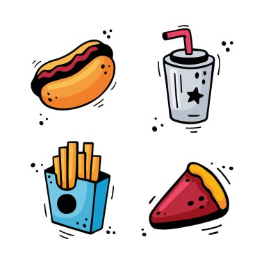 Fast food ikonları - Hot Dog, patates kızartması, kağıt bardakta içki, pasta, tart. El yapımı fast food karışımı. Çizgi roman çizim stili. Keçeli kalemle çizilmiş renkli atıştırmalıklar. Vektör illüstrasyonu