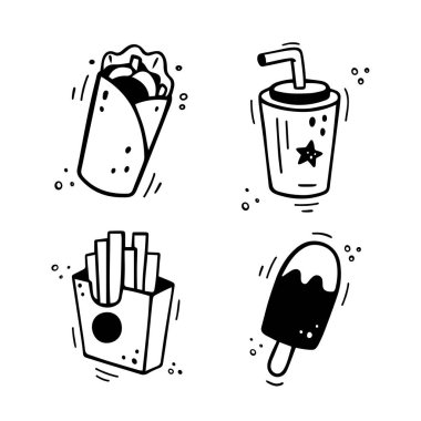 Fast food ikonları - Shawarma, Burrito, patates kızartması, içkili kağıt bardak, dondurma. El yapımı fast food karışımı. Çizgi roman tarzı. Keçeli kalemle çizilmiş renkli atıştırmalıklar. Vektör illüstrasyonu