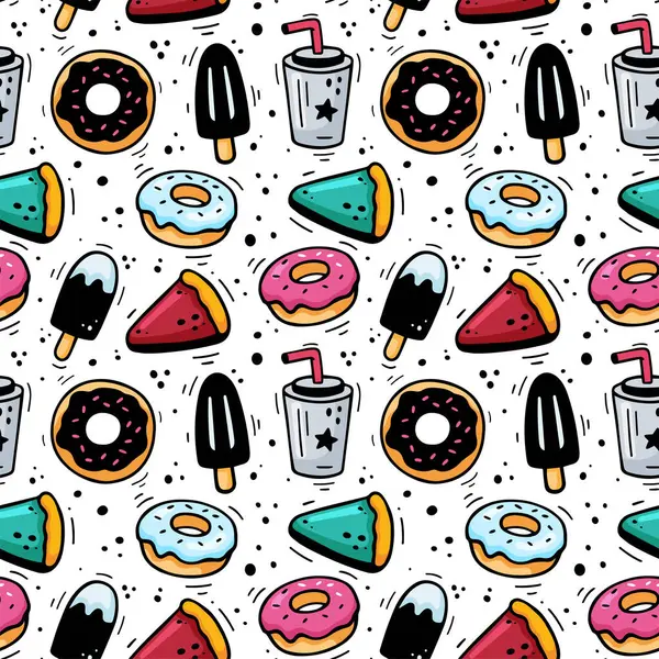 Fast food desserts pattern. Hand drawn fast food desserts icons. Sketch of sweet snack elements - ice cream, donuts, pie, drink, milkshake. Fast food illustration in doodle style.