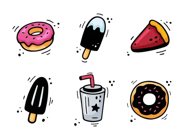 Hand drawn fast food desserts icons. Sketch of snack elements - ice cream, donut, pie, soda beverage, milk shake. Fast food illustration in doodle style. Fast food collection isolated on white.