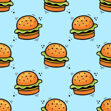 Elle çizilmiş çizburger dikişsiz desen. Çizgi roman çizim stili. Vektör Fast Fast çizimi. Hamburger çizimi..