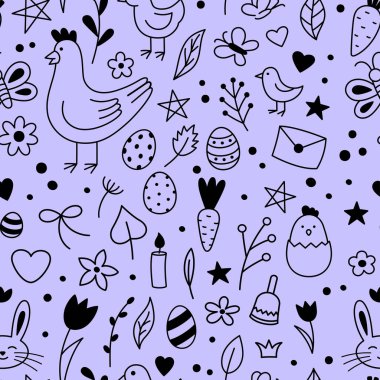 Mutlu Paskalya karalamaları. Şirin karakterler ve tasarım elementleri - yumurta, tavşan, tavuklar, bahar çiçekleri, kelebekler, kalpler, yıldızlar. El çizimi karalama çizimi