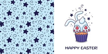 Paskalya kartpostalında Paskalya pastası, tavşan, tavşan, çizgi film tarzında selamlama. Bebek kıyafetleri ve paskalya kartpostalı tasarlamak için el yapımı Bunny Cupcake. Çocuklar doku tasarımı yapar. Vektör çizimi. Doodle tarzı.
