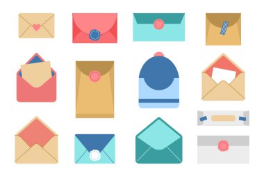 Romantik mektuplar posta koleksiyonu. Düz dizayn. El yapımı zarf seti. Çeşitli zarflar, mektuplar, kartpostallar, paketler. Vektör illüstrasyonu