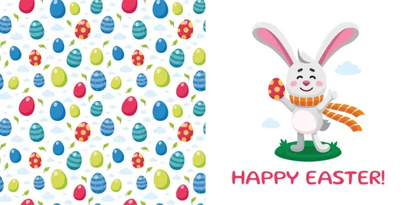 明信片模板 复活节兔子拿着显示大拇指的鳗鱼蛋 带复活节彩蛋的兔子和无缝图案的矢量图解 复活节快乐的概念 卡通风格 — 图库矢量图片