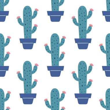 Boho tarzında şirin kaktüsler. Kaktüs dikişsiz desen. Moda bohem dokusu. Kaktüs kumaş baskı tasarımı. Lezzetli tekstil. Düz tasarım, karalama tarzı, beyaz arkaplan