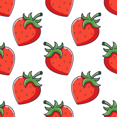 Çizgi film tarzında şirin kırmızı çilek deseni. Vektör Çilek Çizimi. Çilek deseni. Çocuk kıyafetleri için desen.