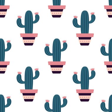 Boho tarzında şirin kaktüsler. Kaktüs dikişsiz desen. Moda bohem dokusu. Kaktüs kumaş baskı tasarımı. Lezzetli tekstil. Düz tasarım, karalama tarzı, beyaz arkaplan