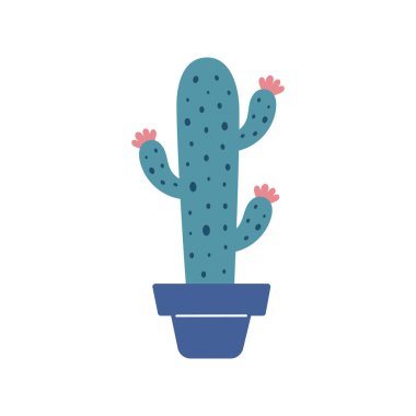 Renkli çiçekli kaktüs, tencerede sulu. Tatlı çizgi film kaktüsü. Doodle tarzı, düz tasarım. İskandinav usulü. Vektör çizimi. Egzotik ve Tropik Bitki, ev dekorasyonu