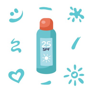 Güneş kremi, güneş kremi şişesi, sprey. Plaj tatili konsepti. Düz tasarım, güneş kremi vuruşlu karikatür SPF kozmetik ürünü. Güneş kremi şişesi, kavanoz.