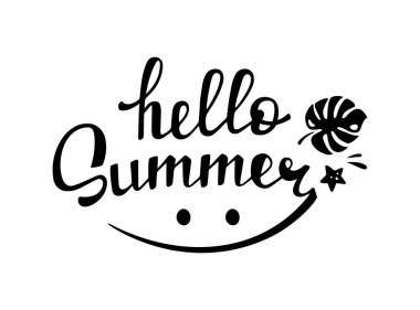 HELLO YAZ el yazması harfler, logoti, baskı, etiket. Tasarım şablonu, siyah beyaz, vektör çizimi. Canavarlı sezon dekoru. Yaz dekoratif unsuru. Yaz kaligrafisi