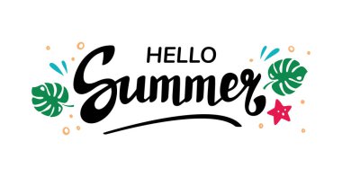 HELLO YAZ el yazması harfler, logoti, baskı, etiket. Tasarım şablonu, vektör çizimi. Canavarlı sezon dekoru. Yaz dekoratif unsuru. Yaz kaligrafisi