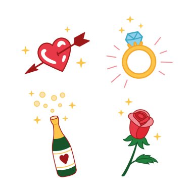 Set of cute vector love illustrations. Courtship collection. Design elements for engagement, wedding, valentines day. Romantic doodle vector icons. Hand drawn cartoon style. Engagement concept clipart