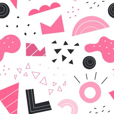 Soyut geometrik şekiller kusursuz desenler. Vektör El çeşitli şekiller ve karalama nesneleri çizdi. Soyut modern tarz modeli. Modaya uygun pembe çizimler. Damga dokusu.