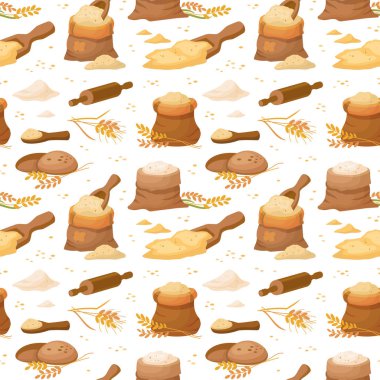 Buğday taneli çuvallar ve dikişsiz un desenleri. Çuval bezinde un ve ahşap kepçe. Kumaş dokusu çeşitli un balyaları çizgi film tarzı, vektör illüstrasyonu.